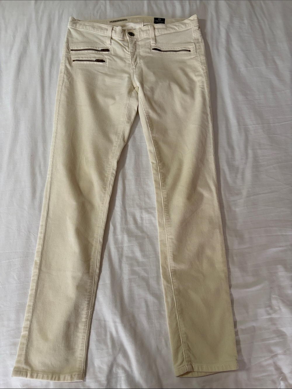 AG Adriano Goldschmied Cream Slim Ankle Moto Jeans with Gold Zippers